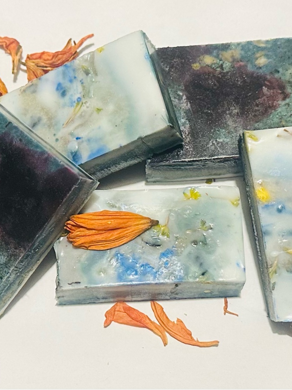 Handmade Floral Artisan Soap Bars in White ,rose pink ,and Blue sets of 3